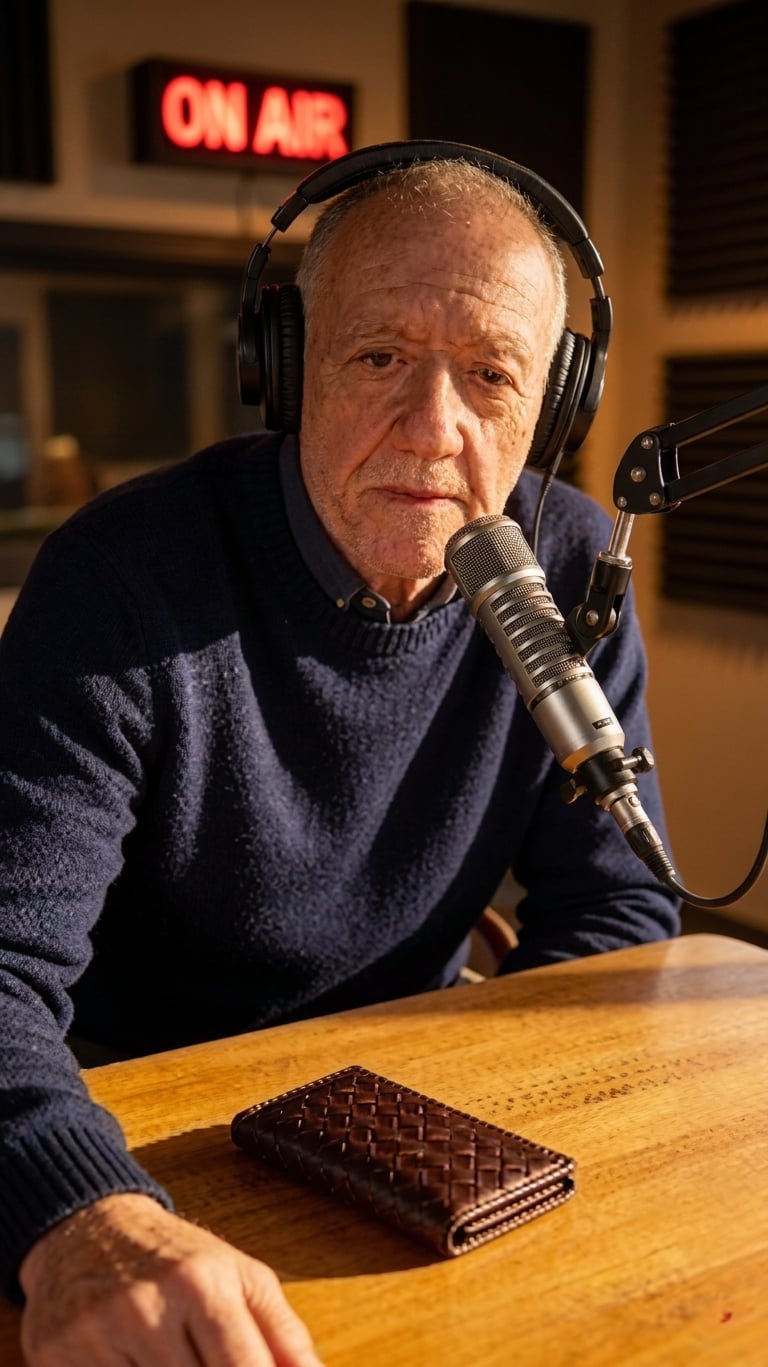 The host at the microphone in the studio, headphones on, under an ON AIR sign